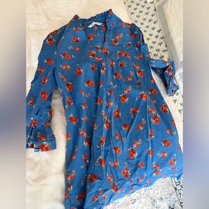 Zara Blue Dress with Red Floral Print